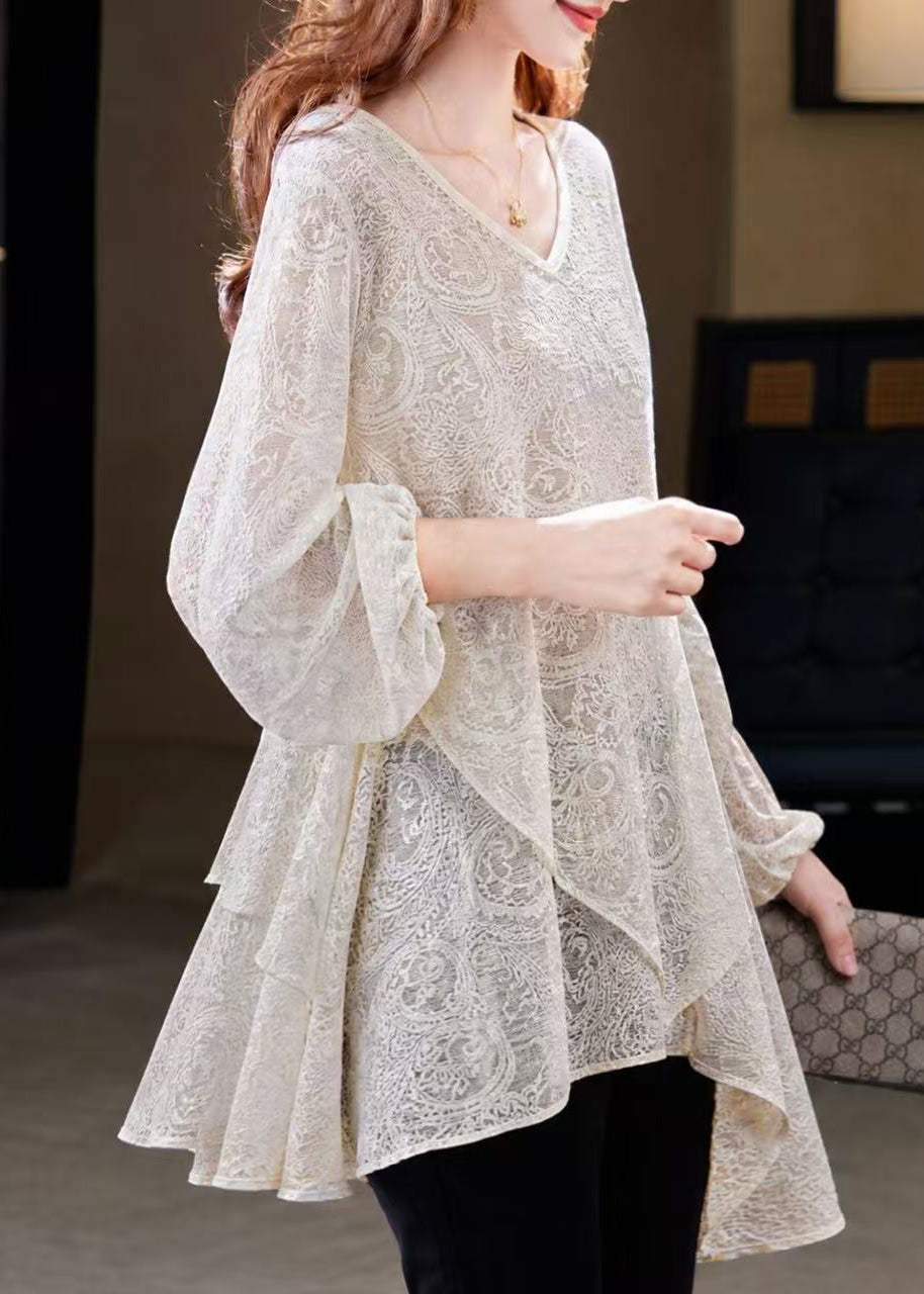 Loose Beige V Neck Asymmetrical Lace Blouses Fall