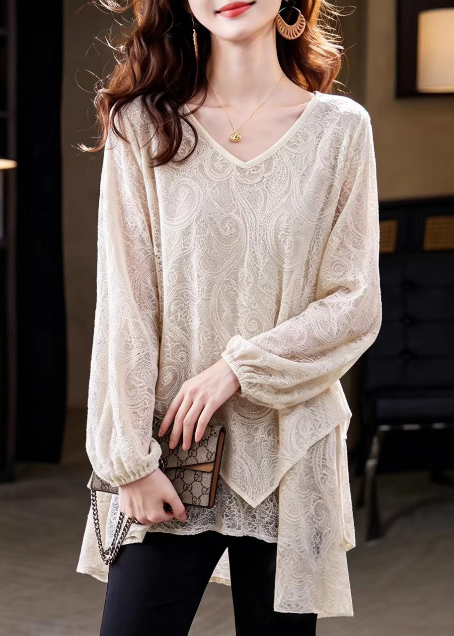 Loose Beige V Neck Asymmetrical Lace Blouses Fall