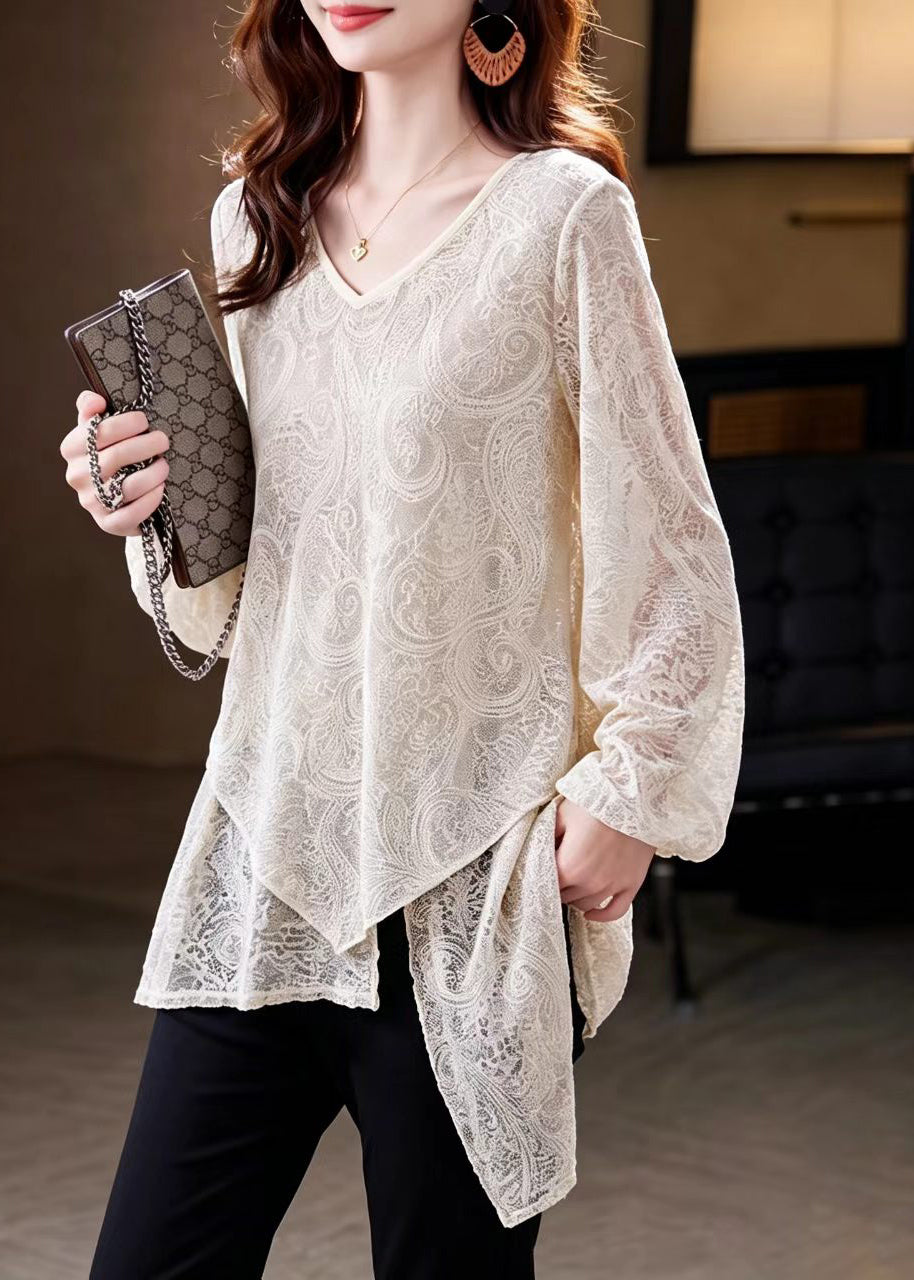 Loose Beige V Neck Asymmetrical Lace Blouses Fall