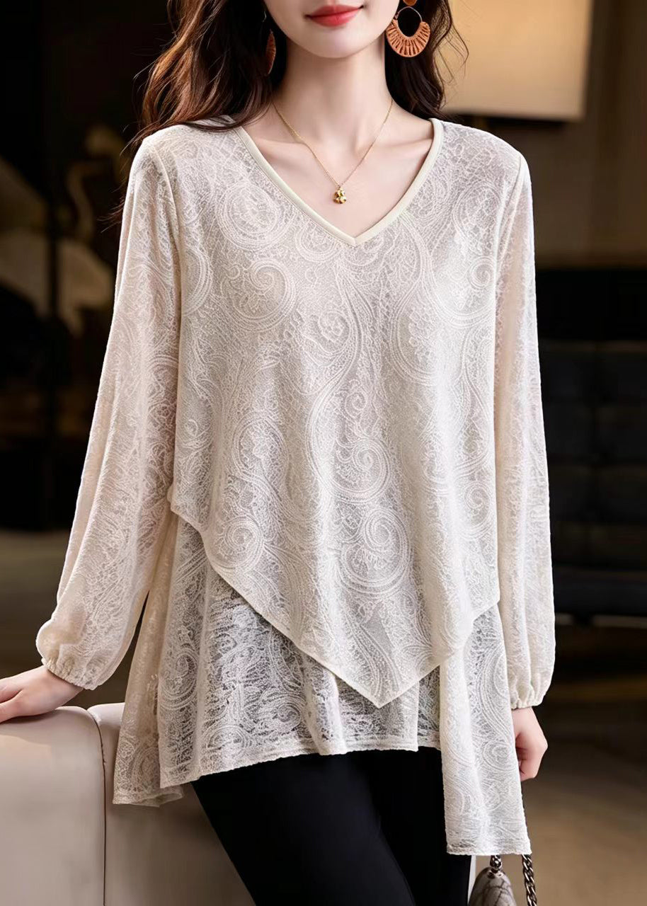 Loose Beige V Neck Asymmetrical Lace Blouses Fall