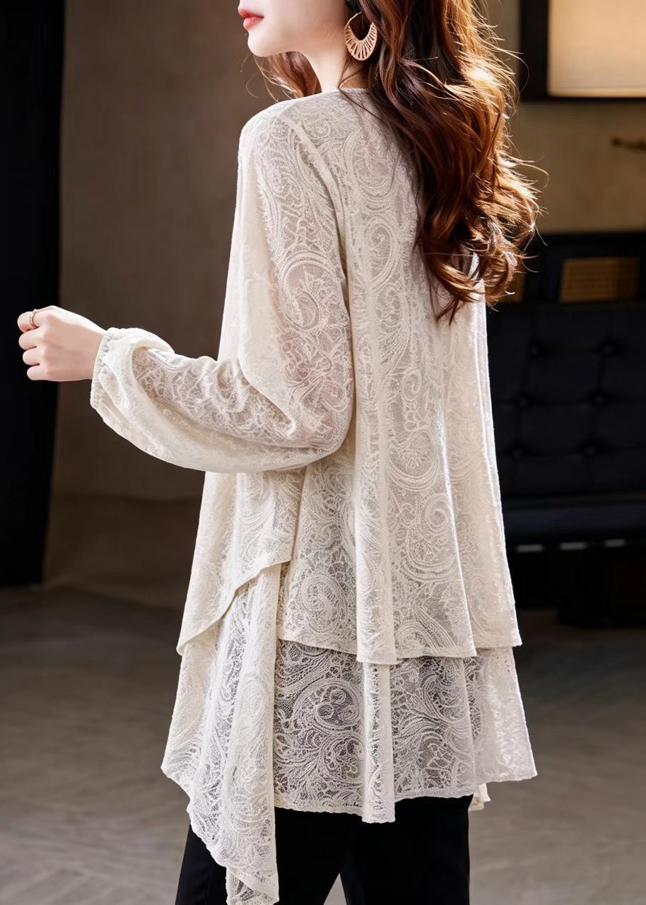 Loose Beige V Neck Asymmetrical Lace Blouses Fall