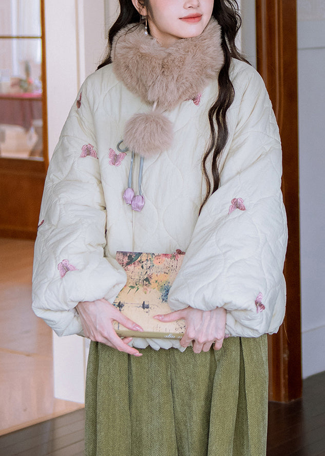 Loose Beige V Neck Butterfly Bow Cotton Filled Parkas Winter