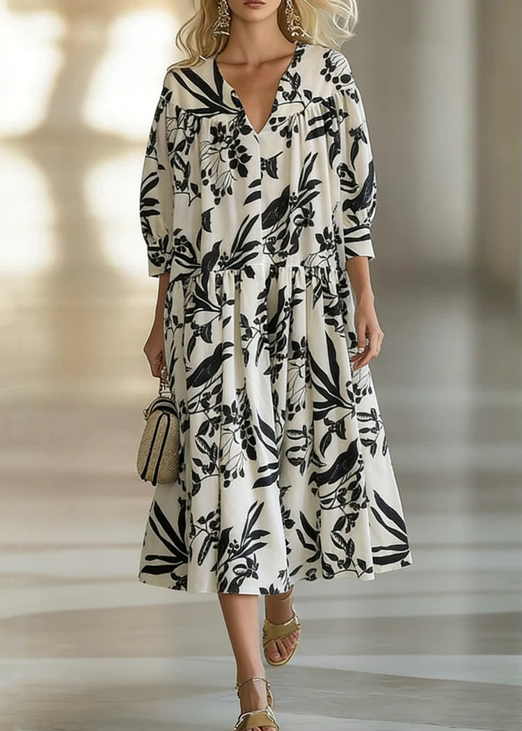 Loose Beige V Neck Print Wrinkled Cotton Long Dresses Bracelet Sleeve - Omychic