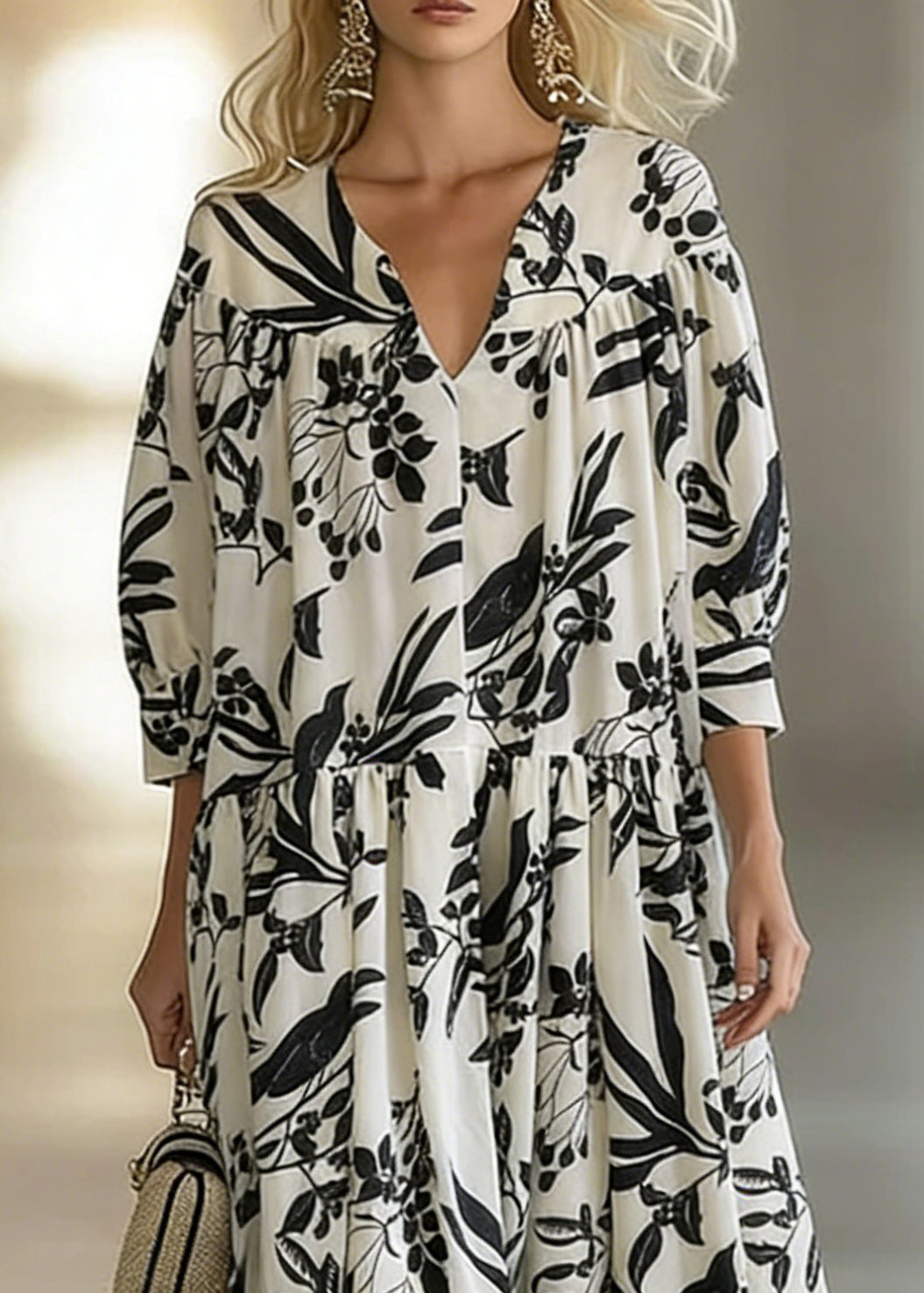 Loose Beige V Neck Print Wrinkled Cotton Long Dresses Bracelet Sleeve - Omychic