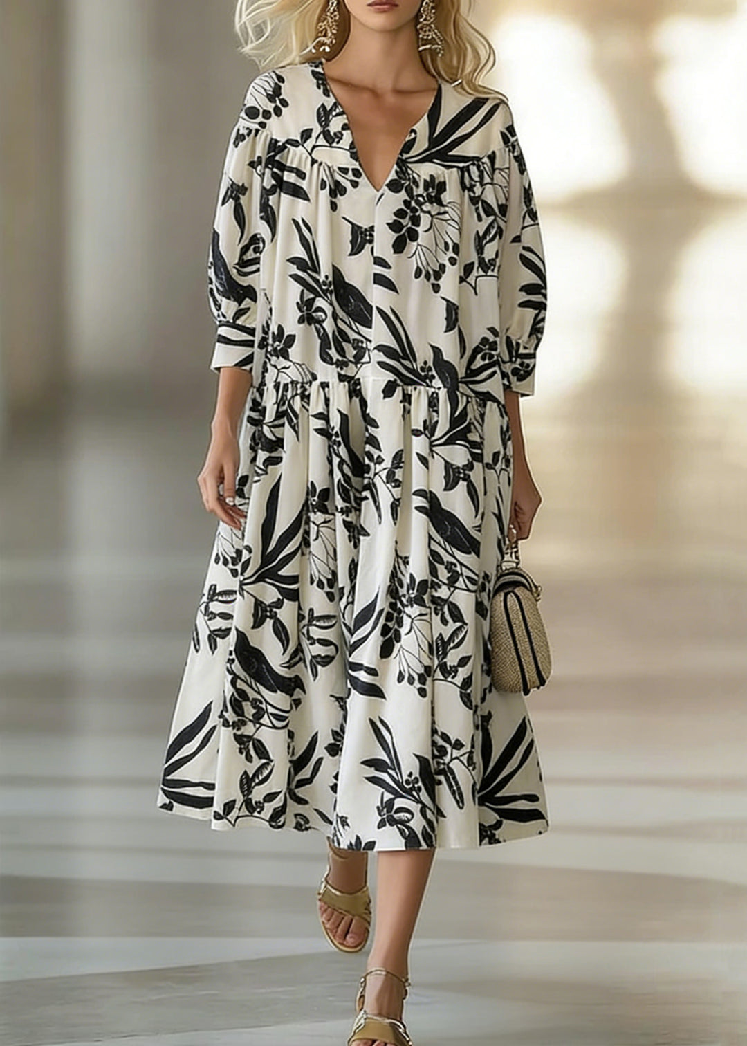 Loose Beige V Neck Print Wrinkled Cotton Long Dresses Bracelet Sleeve - Omychic