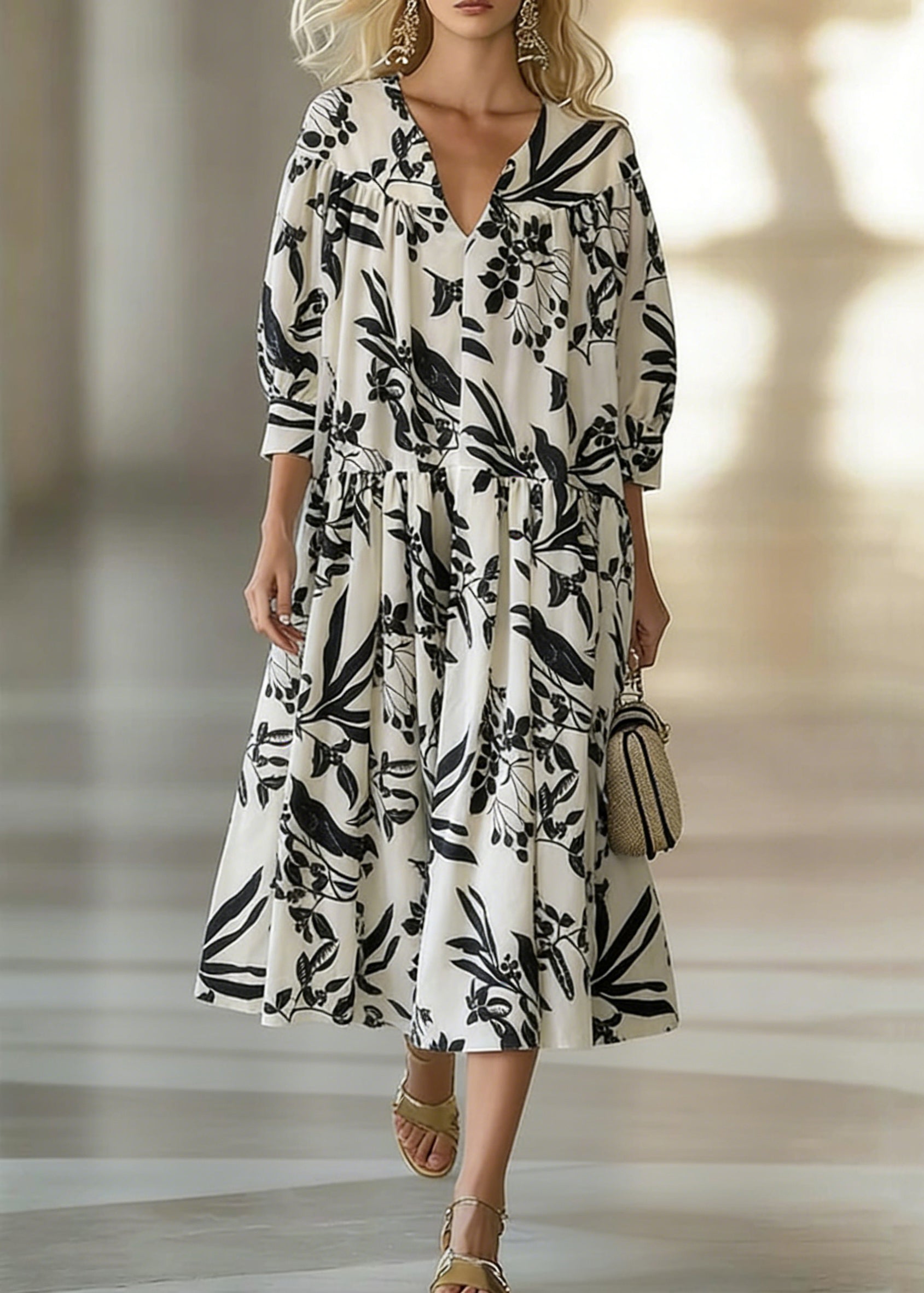 Loose Beige V Neck Print Wrinkled Cotton Long Dresses Bracelet Sleeve - Omychic