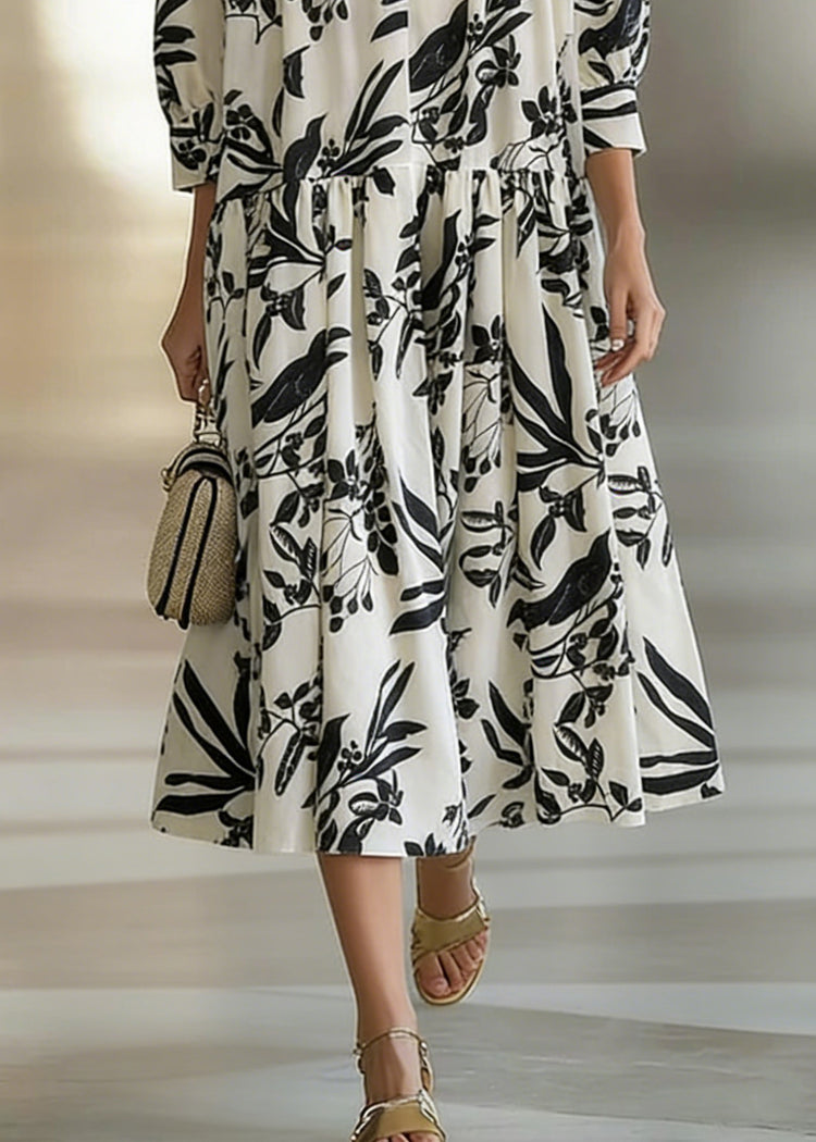 Loose Beige V Neck Print Wrinkled Cotton Long Dresses Bracelet Sleeve - Omychic