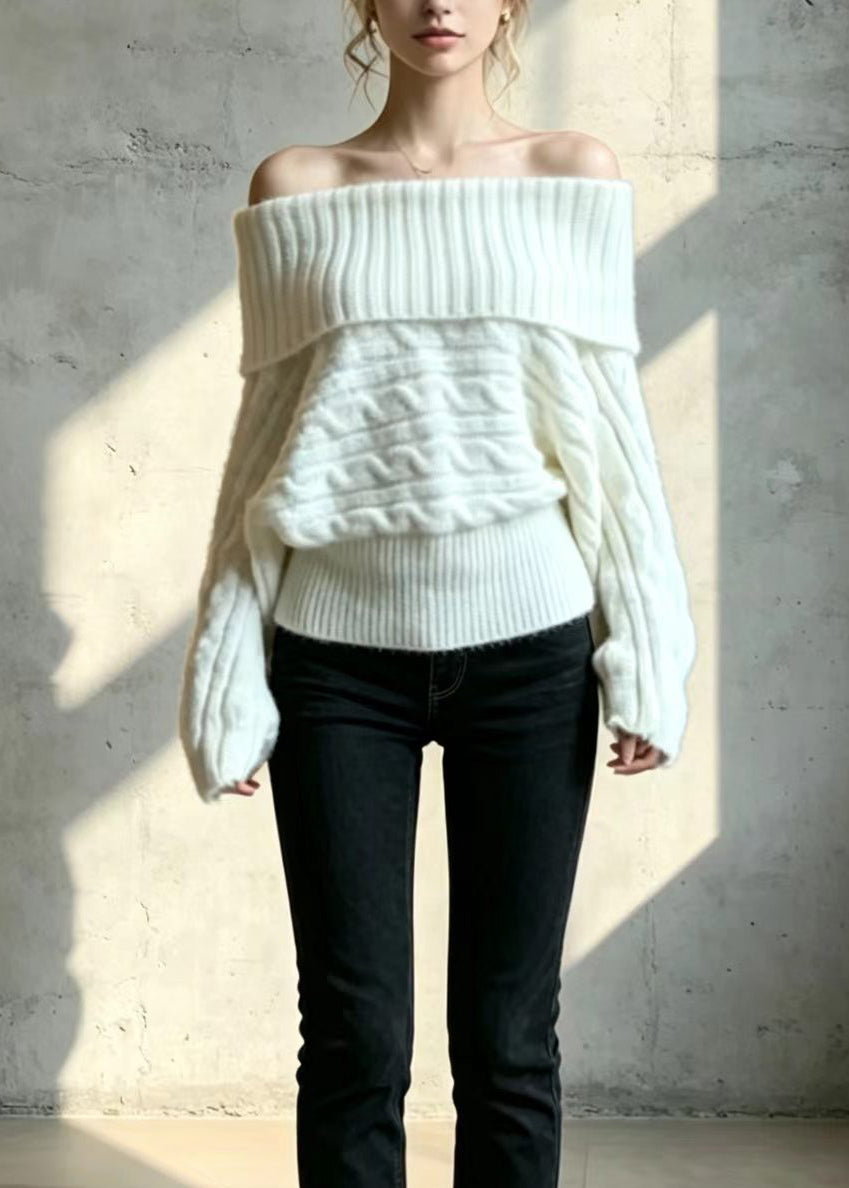 Loose Beige White Slash Neck Knitted Tops Fall