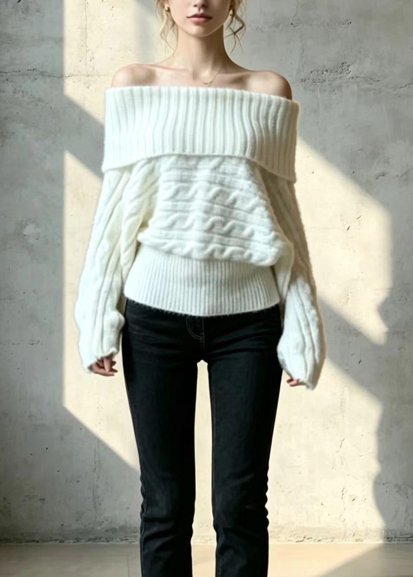 Loose Beige White Slash Neck Knitted Tops Fall