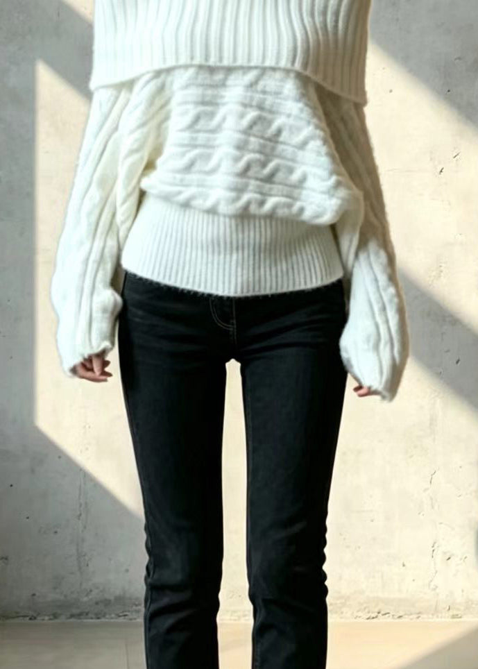 Loose Beige White Slash Neck Knitted Tops Fall