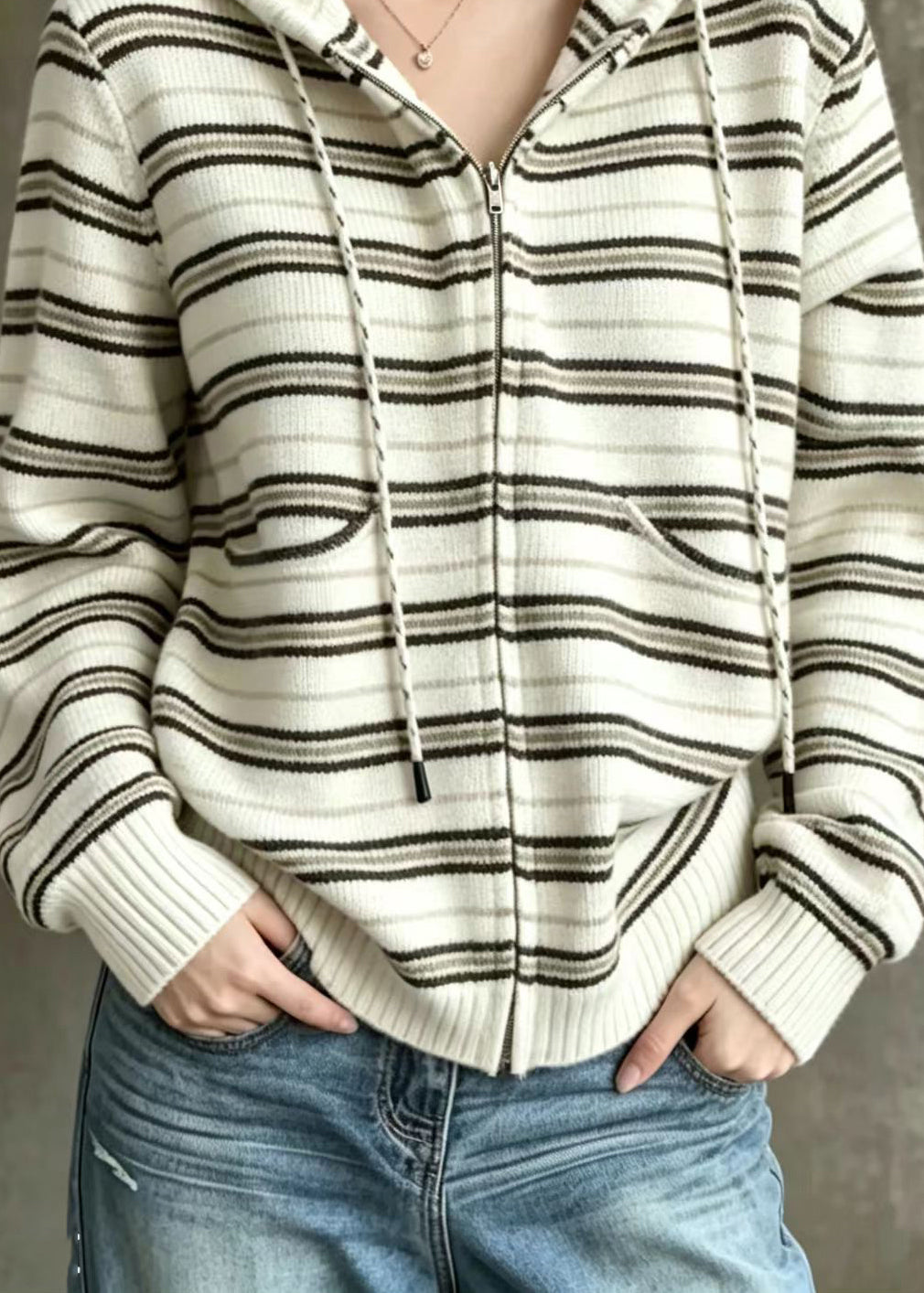 Loose Beige White Striped Hooded Drawstring Knit Cardigan Fall
