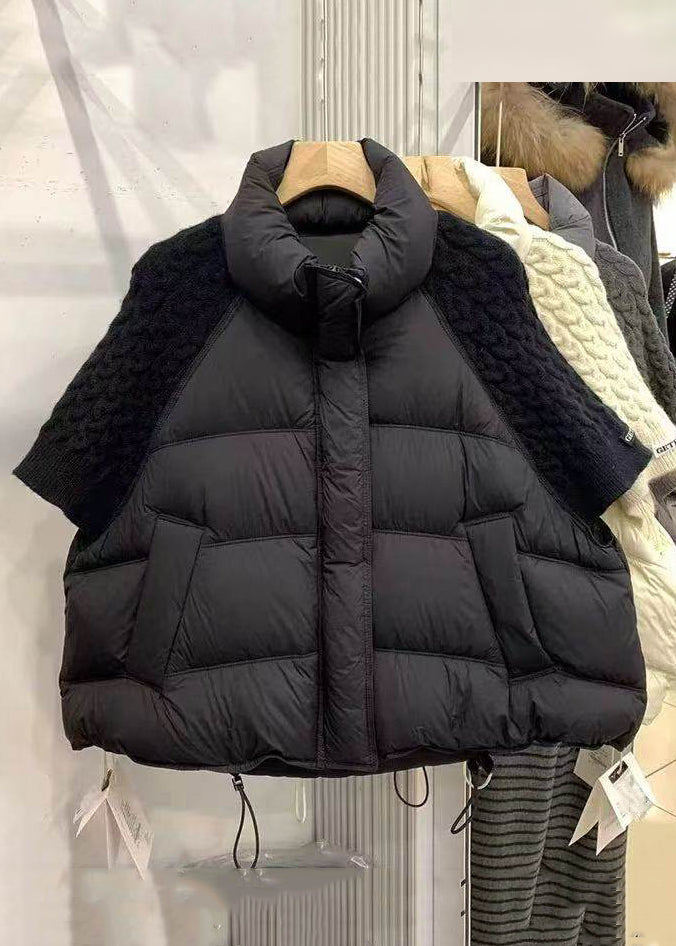 Loose Beige Zip Up Drawstring Knit Patchwork Duck Down Down Coats