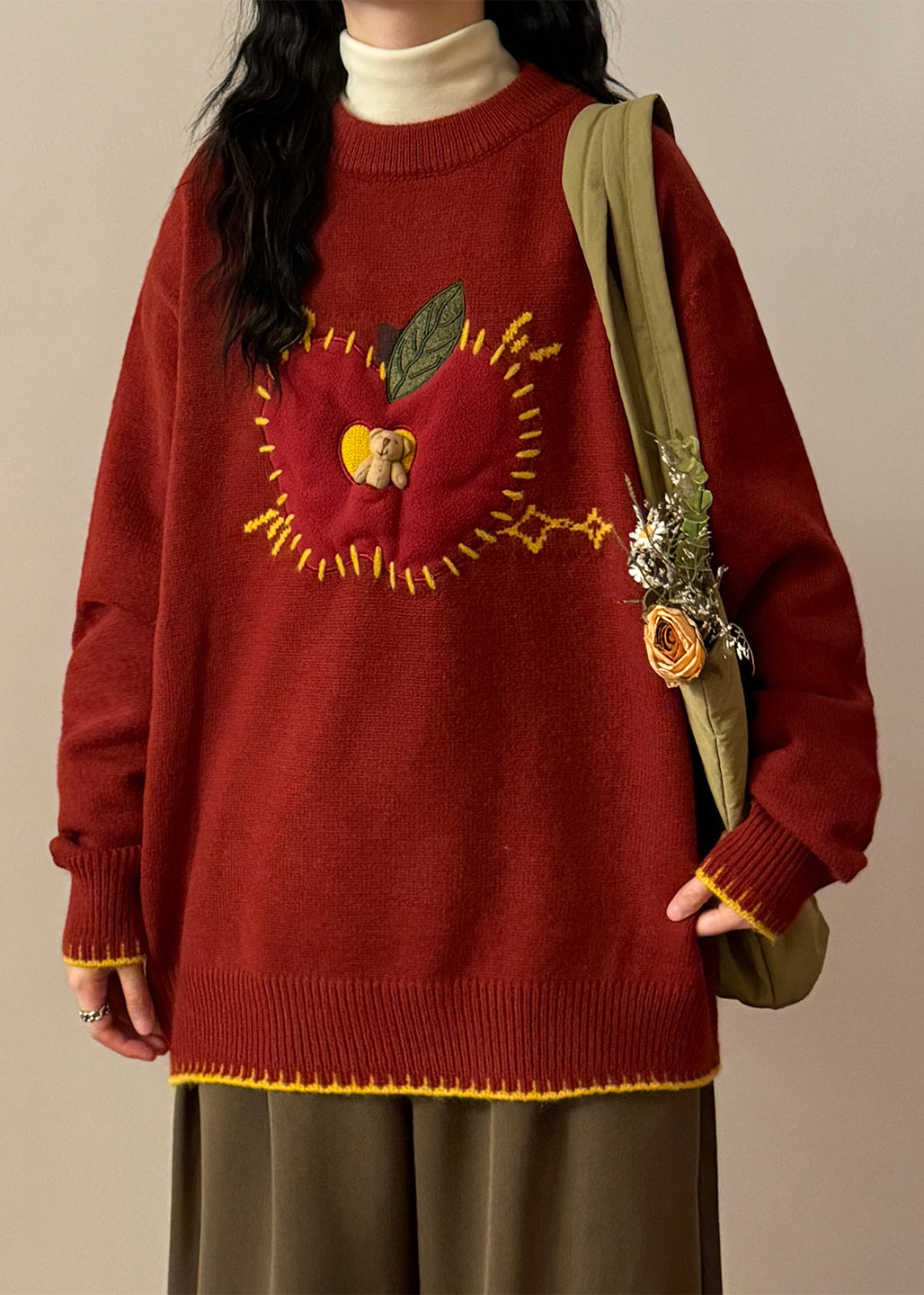 Loose Black Apple Cozy Patchwork Sweater Spring