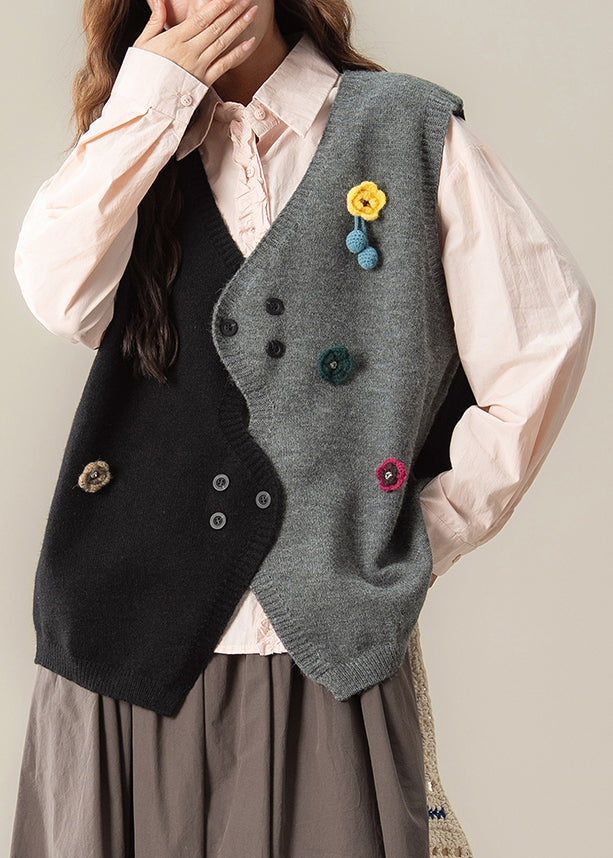 Loose Black Asymmetrical Floral Patchwork Knit Vest Top Sleeveless