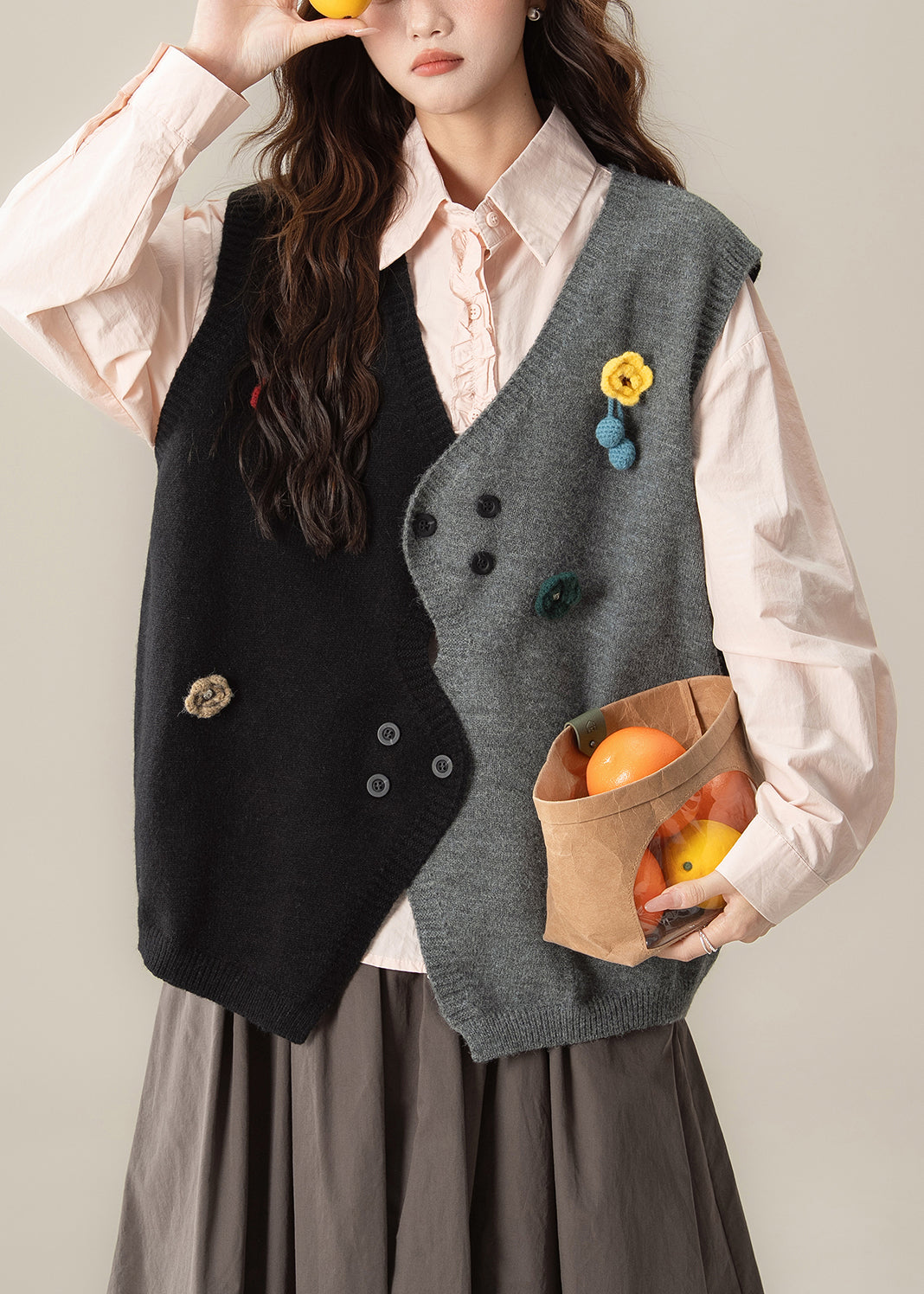 Loose Black Asymmetrical Floral Patchwork Knit Vest Top Sleeveless