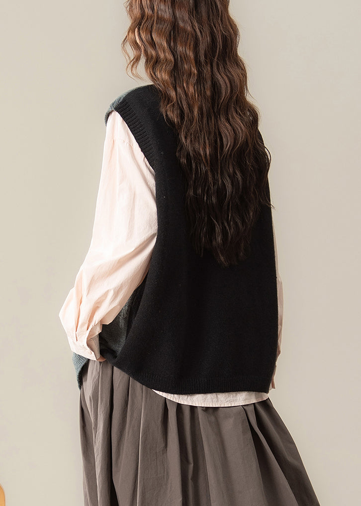 Loose Black Asymmetrical Floral Patchwork Knit Vest Top Sleeveless