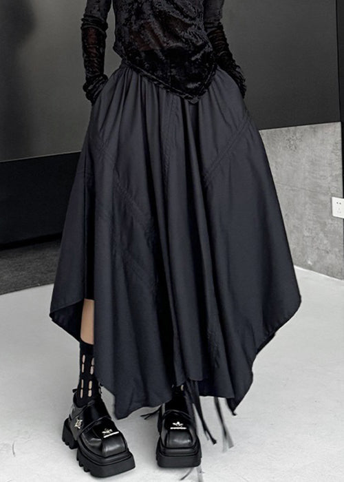 Loose Black Asymmetrical Lace Up Elastic Waist Cotton Skirt Fall