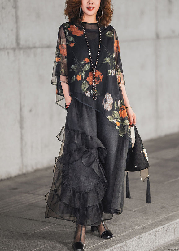 Loose Black Asymmetrical Print Ruffled Tulle Two Pieces Set Half Sleeve