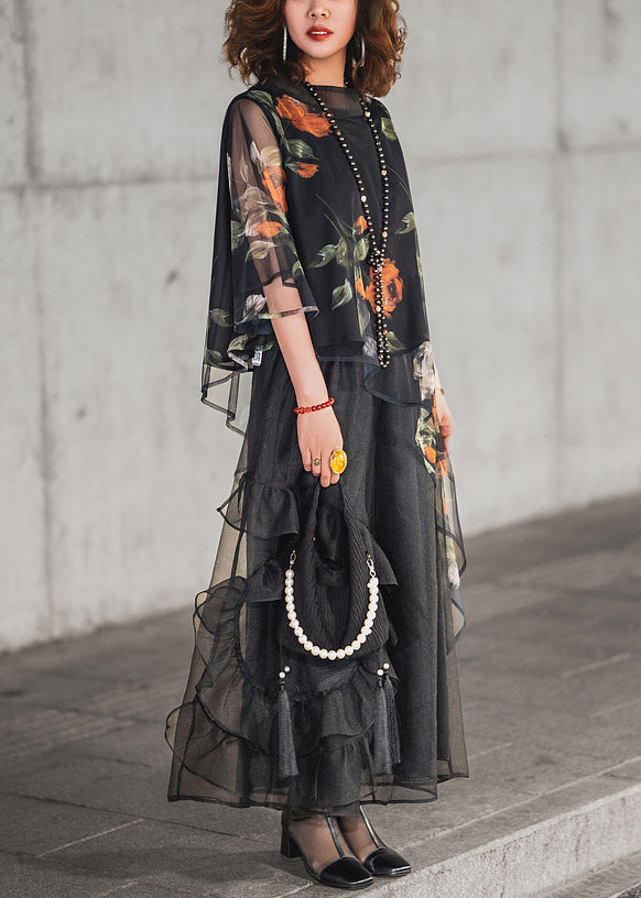 Loose Black Asymmetrical Print Ruffled Tulle Two Pieces Set Half Sleeve