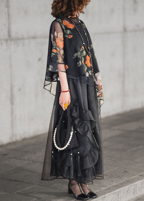 Loose Black Asymmetrical Print Ruffled Tulle Two Pieces Set Half Sleeve
