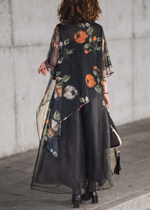 Loose Black Asymmetrical Print Ruffled Tulle Two Pieces Set Half Sleeve