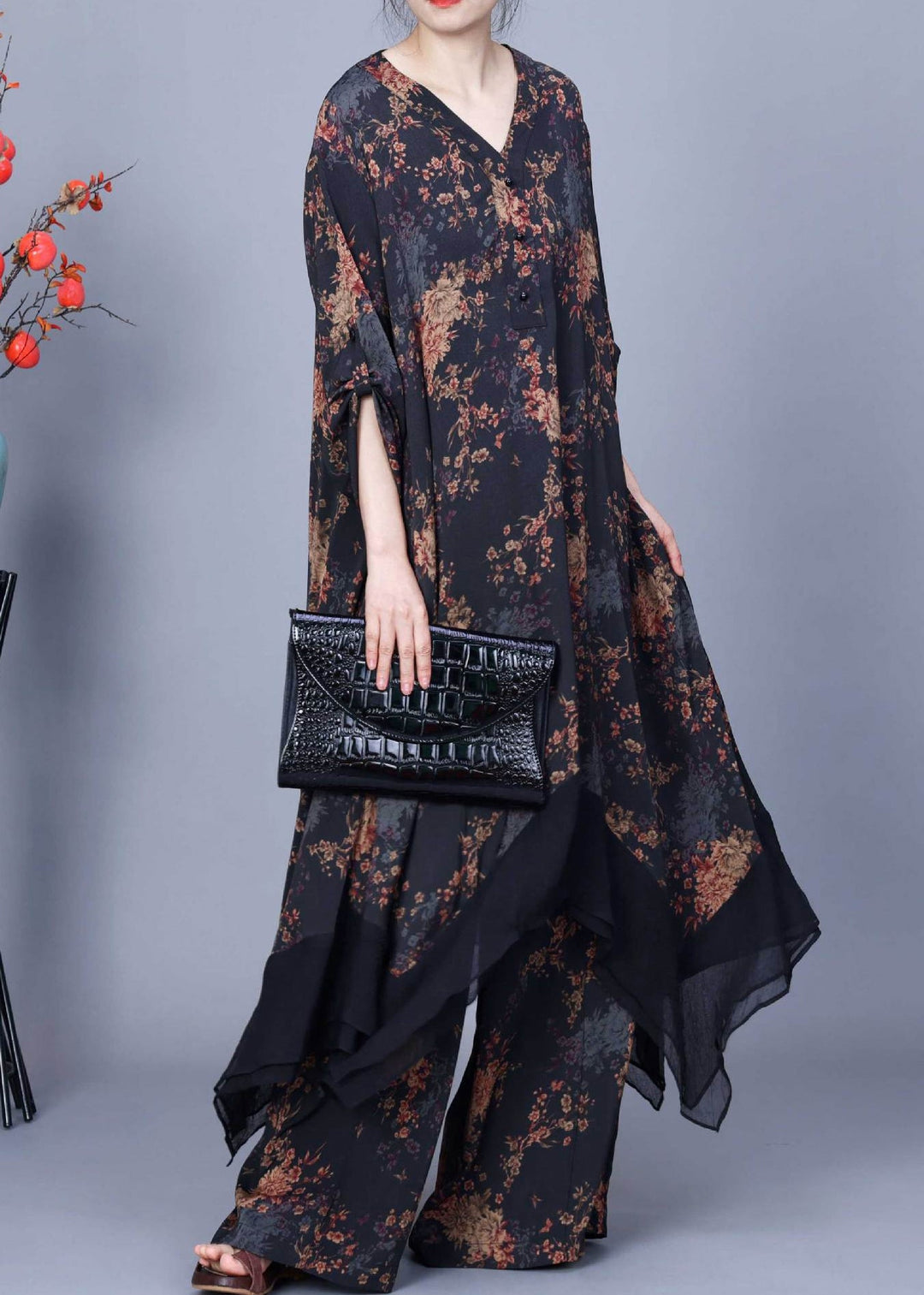 Loose Black Asymmetrical Print Silk Two Piece Set Summer