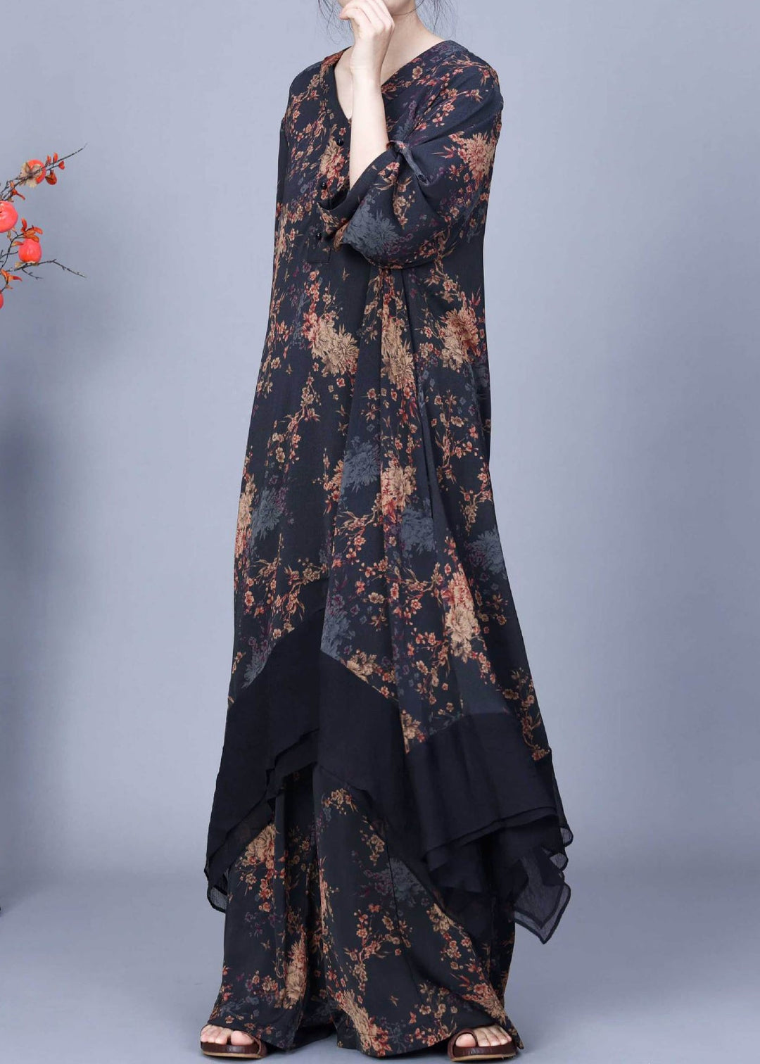 Loose Black Asymmetrical Print Silk Two Piece Set Summer