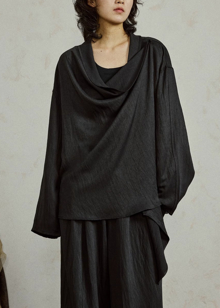 Loose Black Asymmetrical Solid Top Tops Fall