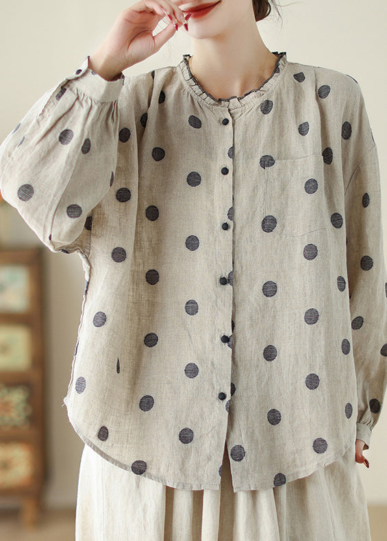 Loose Black Dot Ruffled Button Cotton Shirt Long Sleeve