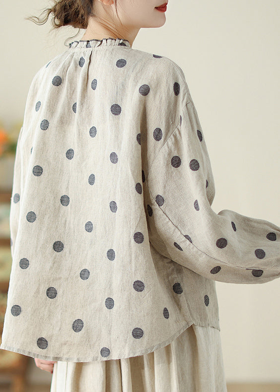 Loose Black Dot Ruffled Button Cotton Shirt Long Sleeve