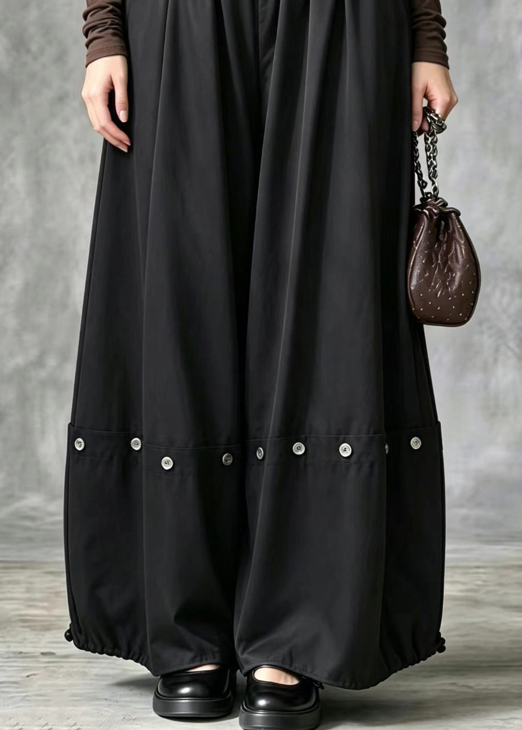 Loose Black Elastic Waist Button Drawstring Hem Wide Leg Pants Skirt Summer