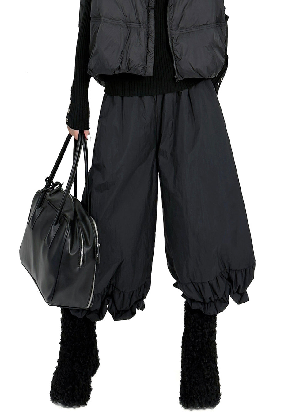 Loose Black Elastic Waist Fine Cotton Filled Pants Shorts Winter
