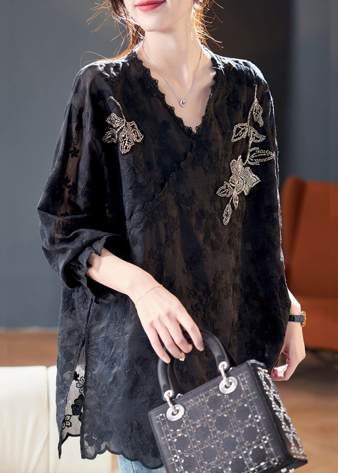 Loose Black Embroidered Nail Bead Silk Cotton Top Spring