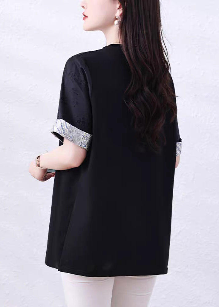Loose Black Embroidered Patchwork Cotton Shirt Tops Summer