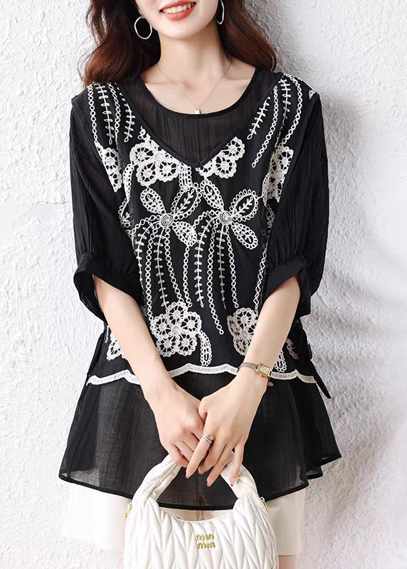 Loose Black False Two Pieces Lace Up Cotton T Shirts Half Sleeve