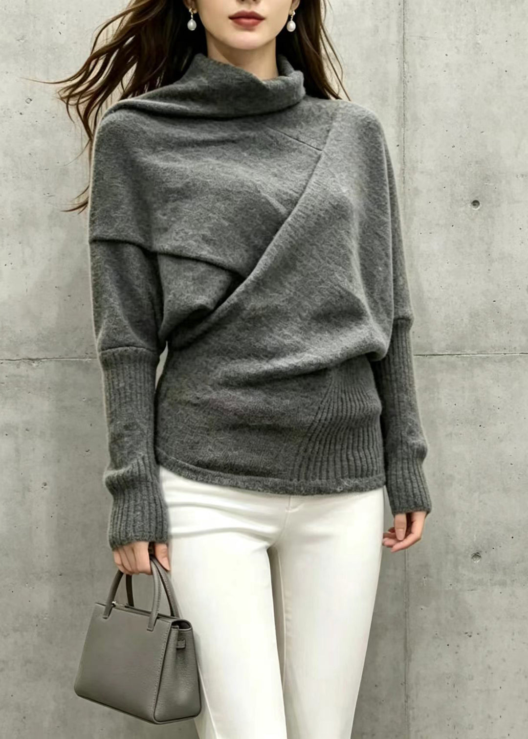 Loose Black Grey Turtleneck Asymmetrical Knit Top Batwing Sleeve