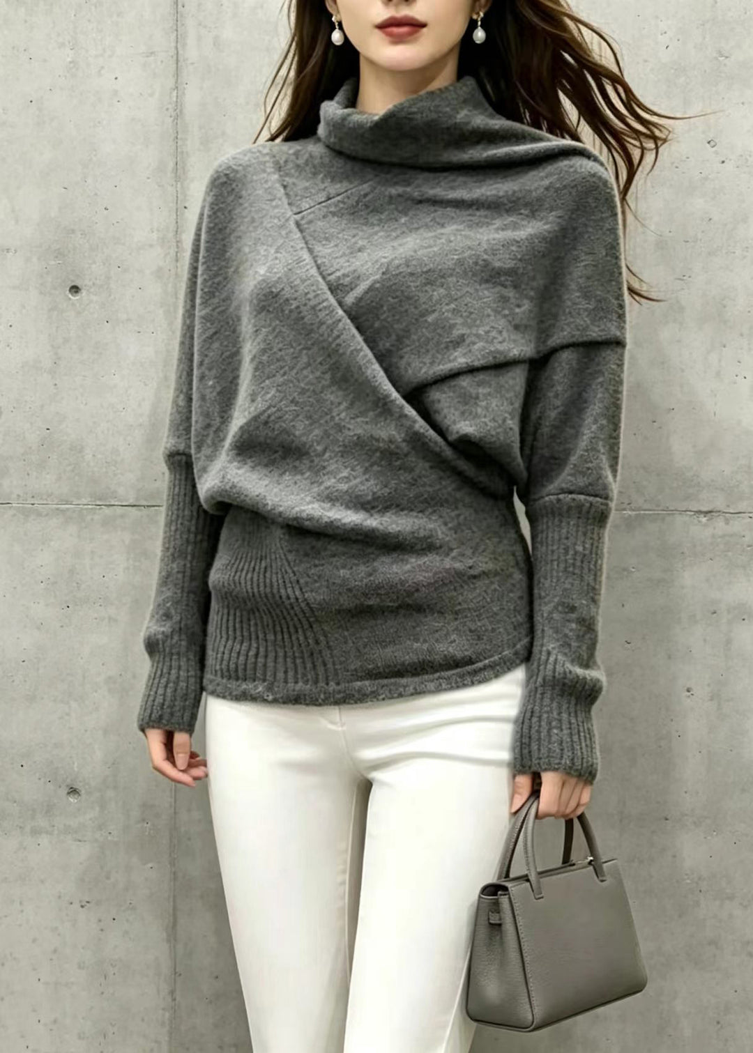 Loose Black Grey Turtleneck Asymmetrical Knit Top Batwing Sleeve