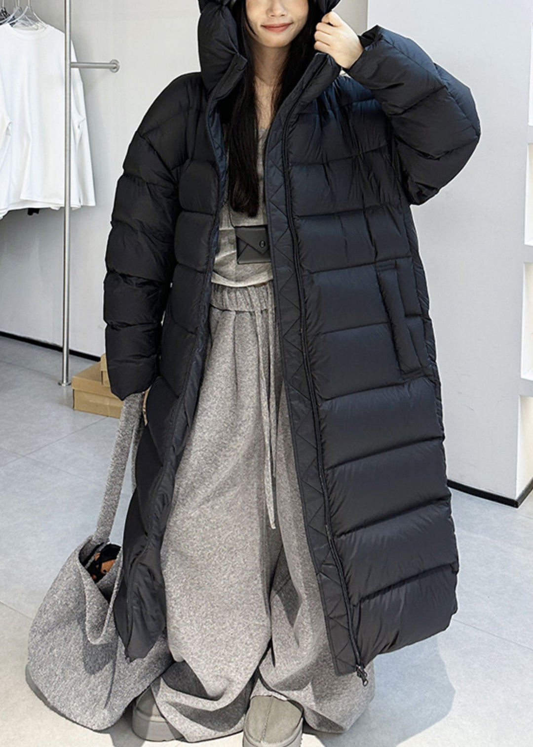 Loose Black Hooded Drawstring Duck Down Long Coats Winter