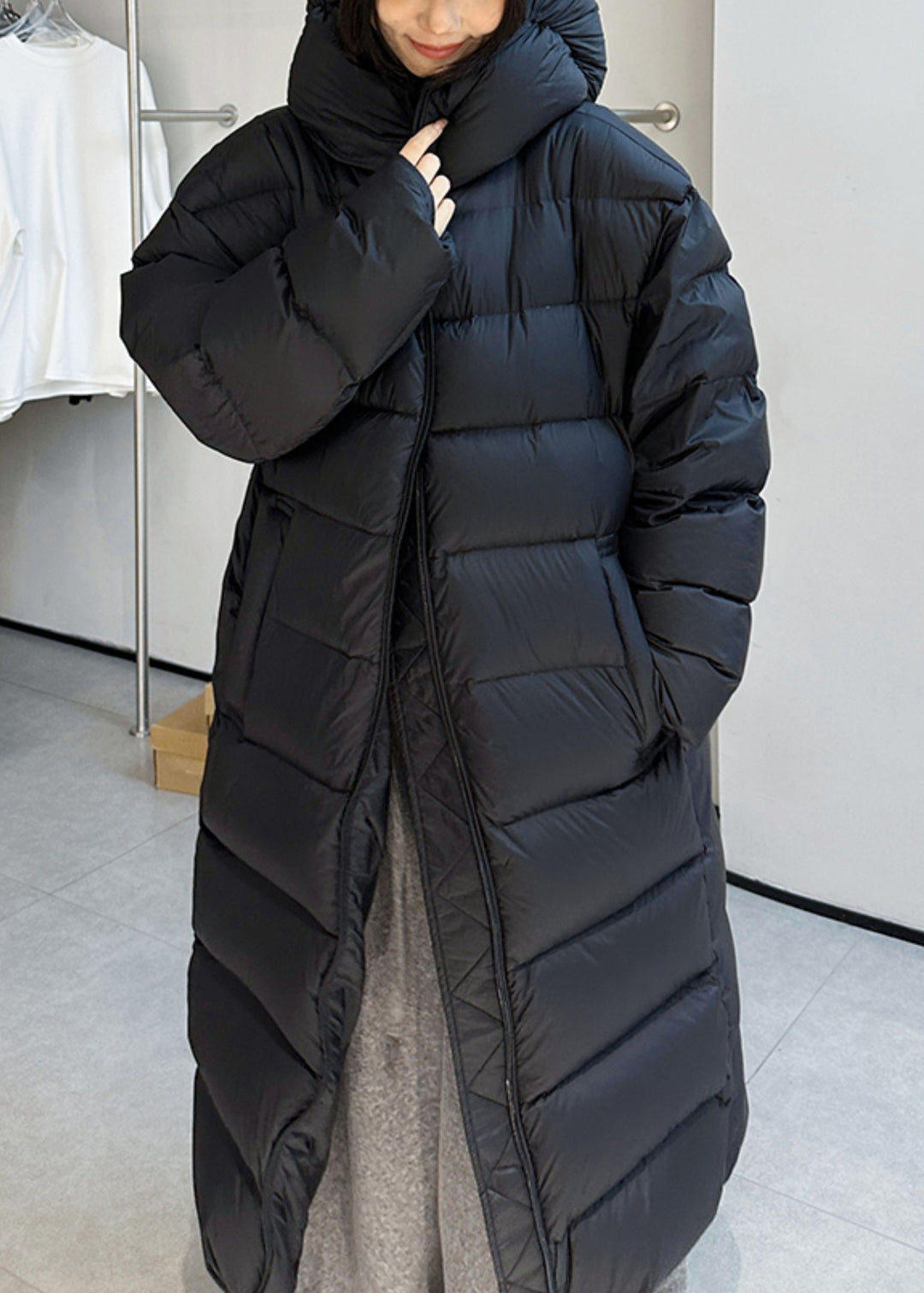 Loose Black Hooded Drawstring Duck Down Long Coats Winter