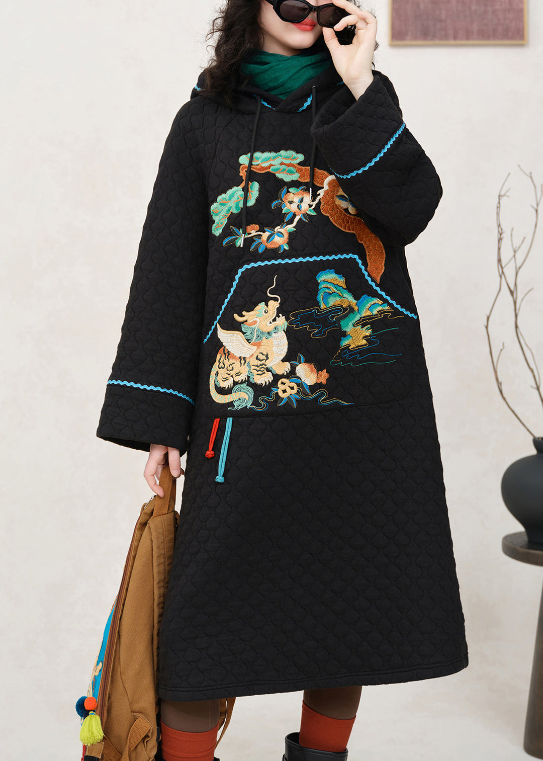 Loose Black Hooded Embroidered Pockets Cotton Filled Dress Winter