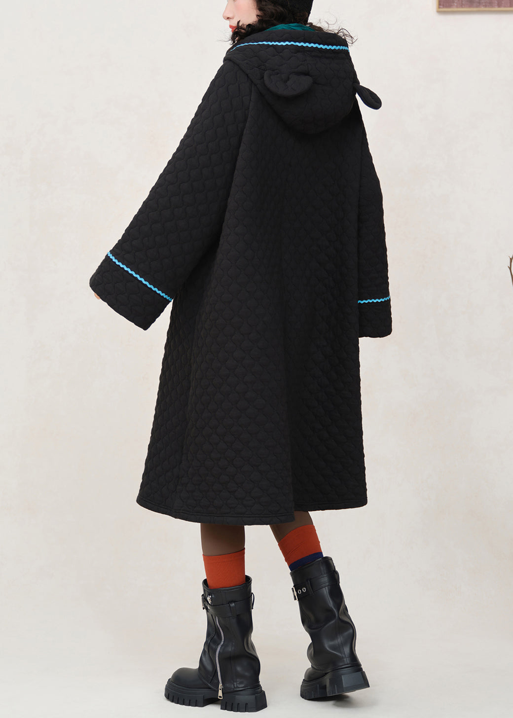 Loose Black Hooded Embroidered Pockets Cotton Filled Dress Winter