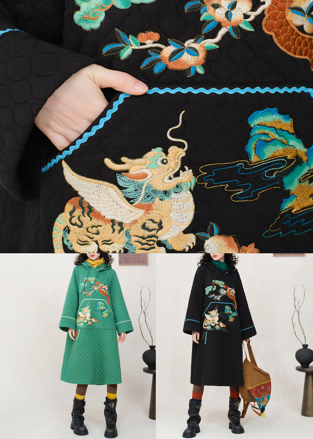 Loose Black Hooded Embroidered Pockets Cotton Filled Dress Winter