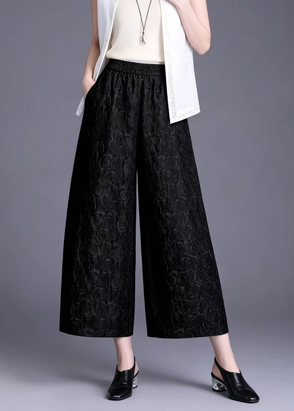 Loose Black Jacquard Pockets Elastic Waist Wide Leg Crop Pants Summer