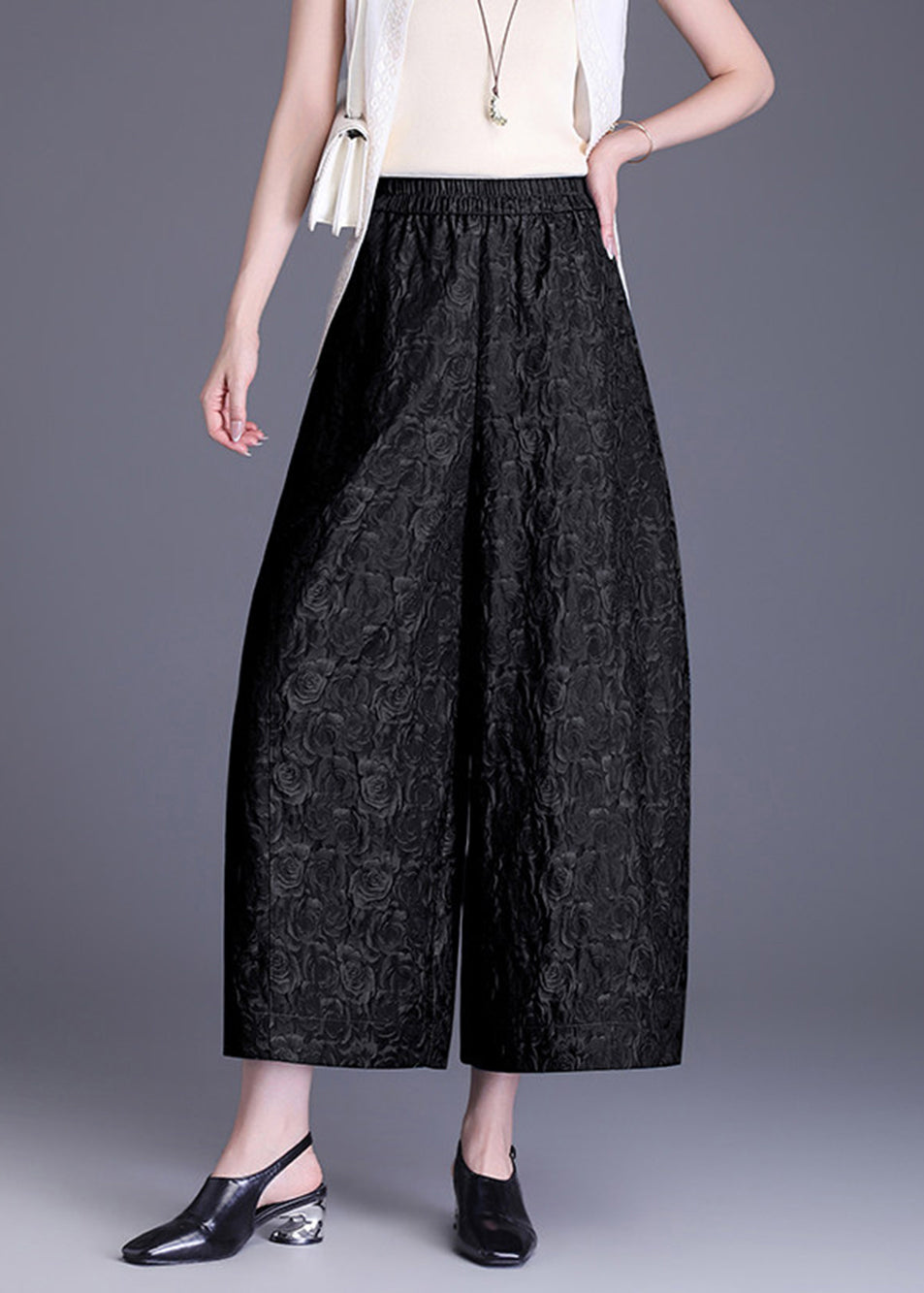 Loose Black Jacquard Pockets Elastic Waist Wide Leg Crop Pants Summer