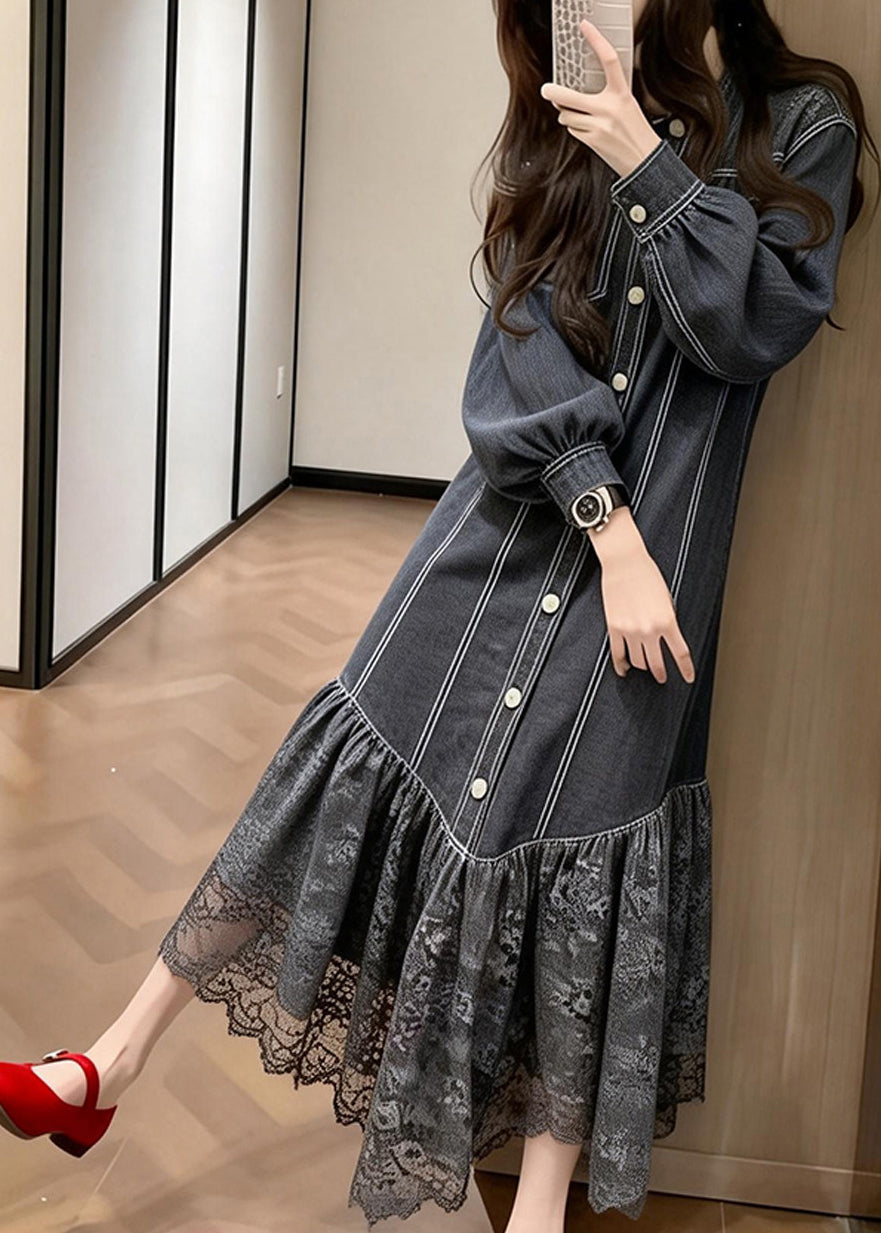 Loose Black Lace Patchwork Denim Vacation Dresses Spring