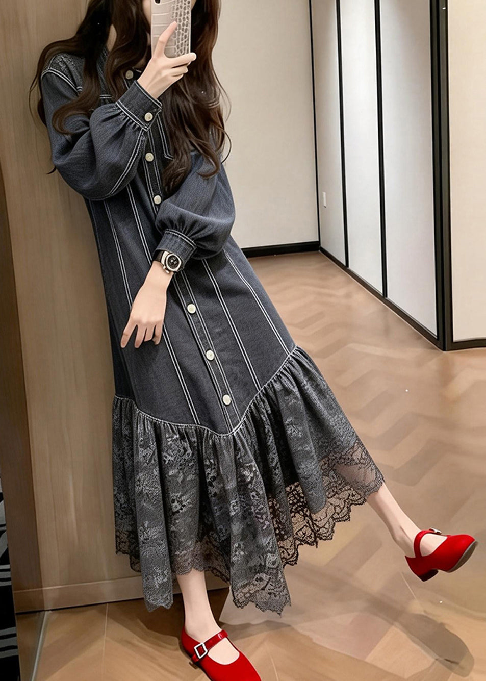 Loose Black Lace Patchwork Denim Vacation Dresses Spring