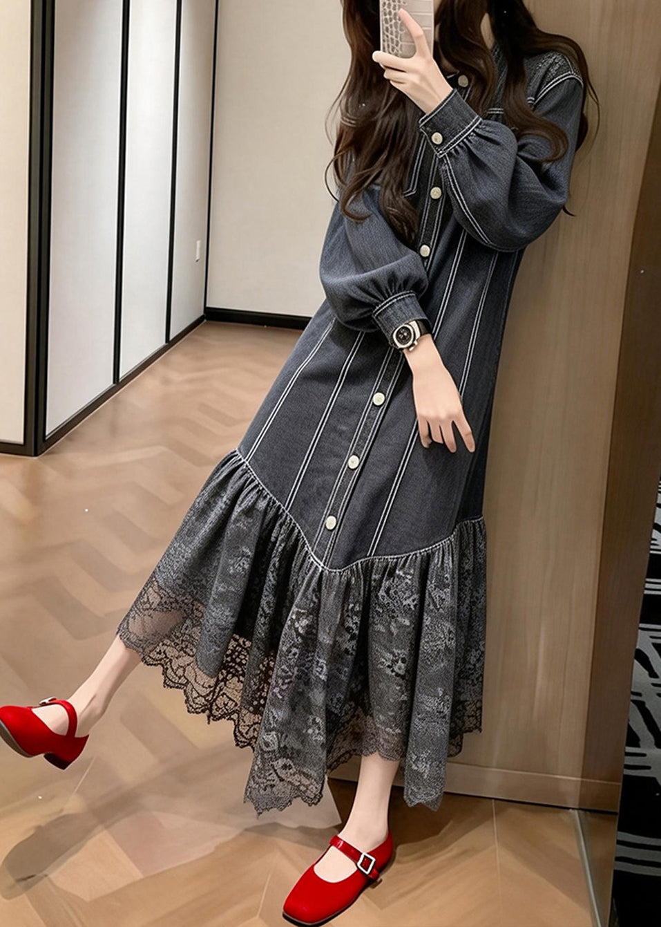 Loose Black Lace Patchwork Denim Vacation Dresses Spring