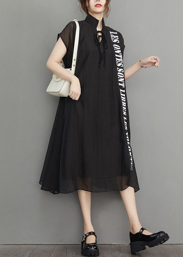 Loose Black Letter Embroidered Pockets Silk Cotton Dresses Summer