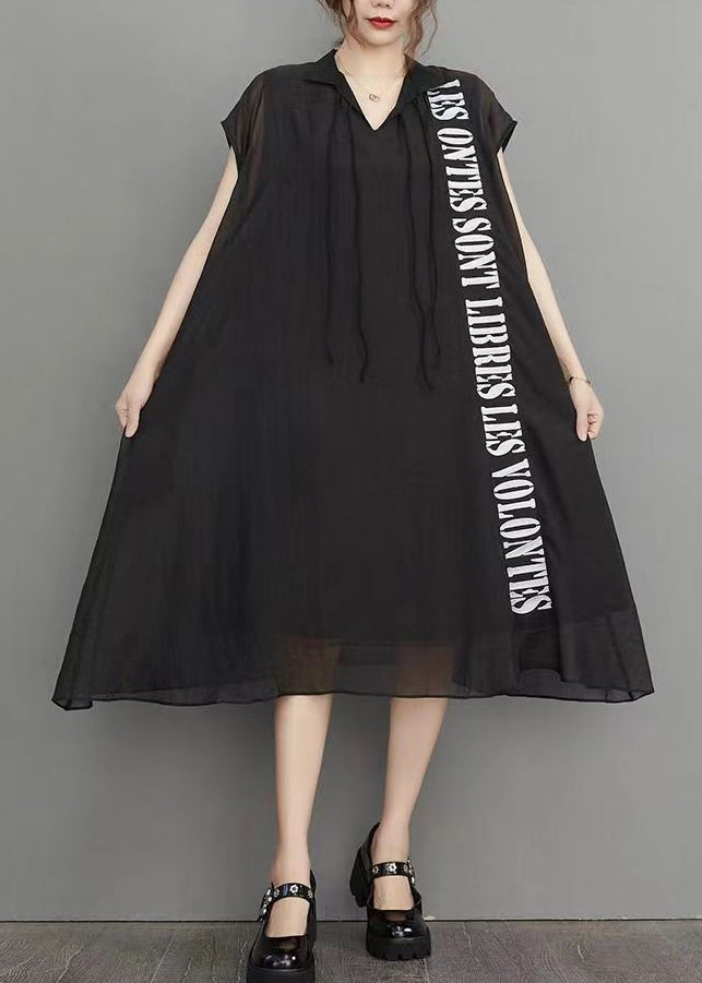 Loose Black Letter Embroidered Pockets Silk Cotton Dresses Summer