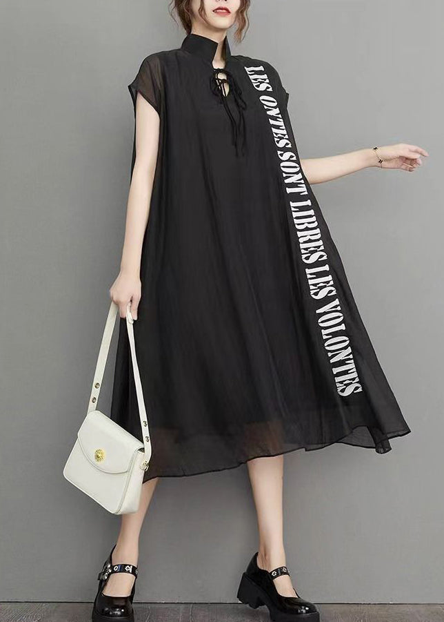 Loose Black Letter Embroidered Pockets Silk Cotton Dresses Summer